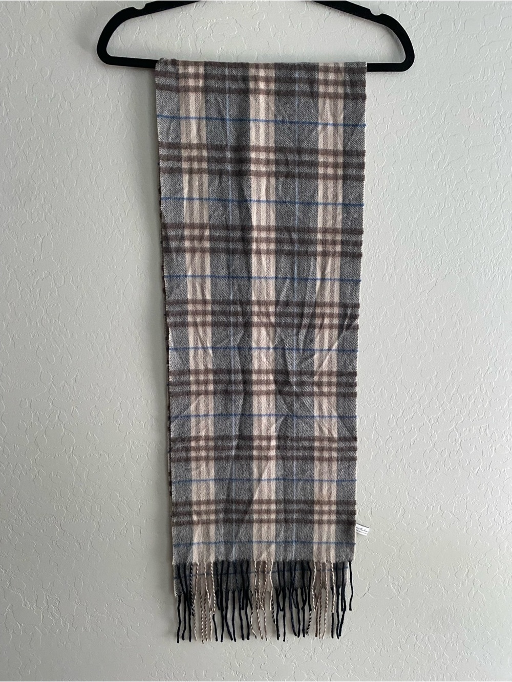 Enzo Mantovani Wool Cashmere Blend Plaid Fringe Scarf Grey Blue Luxury Classic